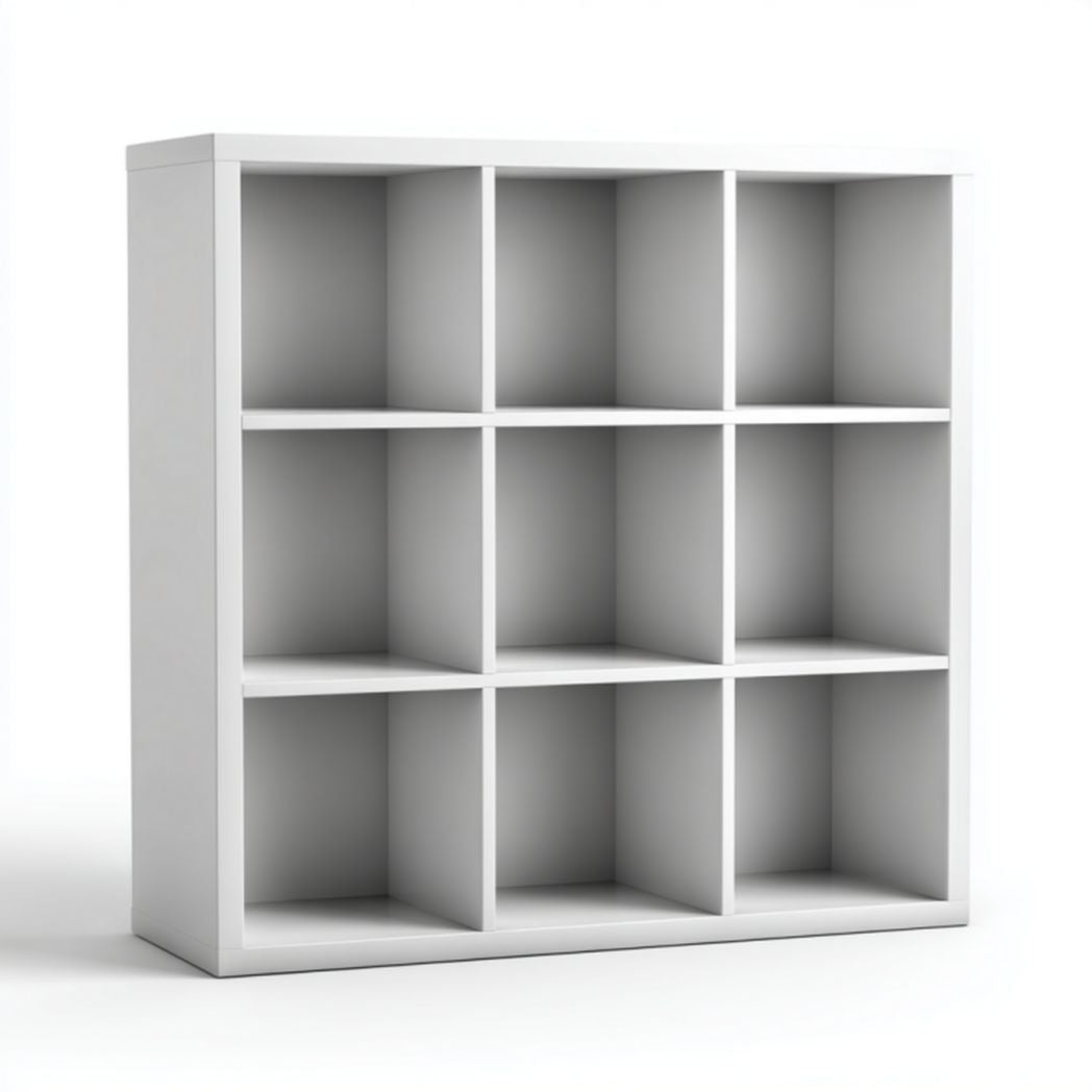 Wooden storage shelf with nine compartments and white sliding doors 80 x 30 x 80cm