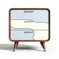 Modern two-drawer nightstand in blue and white with walnut wood accents