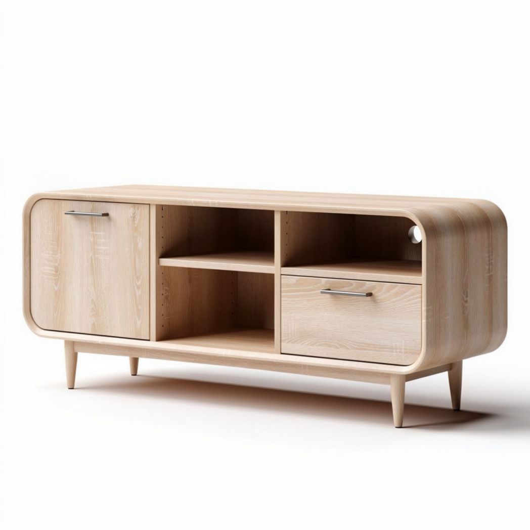 Wooden media console with two doors and open shelving 120 x 40 x 50cm