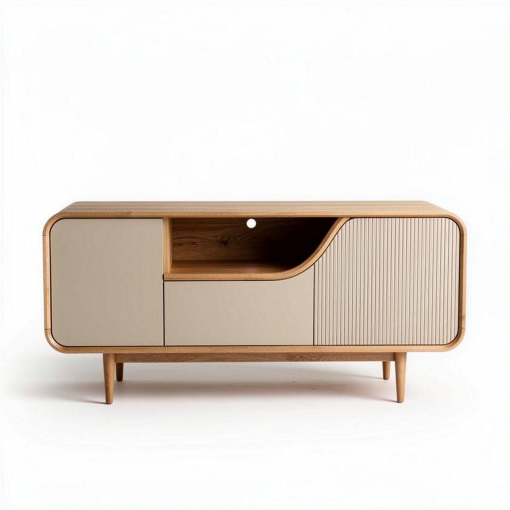 Wooden storage cabinet with sliding doors and decorative grooves 120 x 40 x 60cm