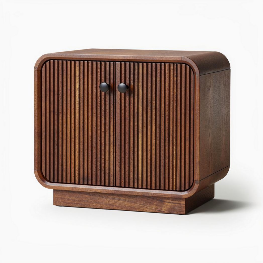 Wooden nightstand with ribbed doors in walnut finish 40 x 40 x 45cm