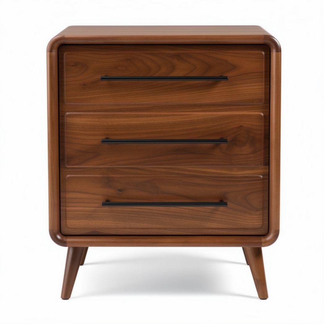 Walnut bedside table with three drawers and modern black handles 45 x 40 x 60cm