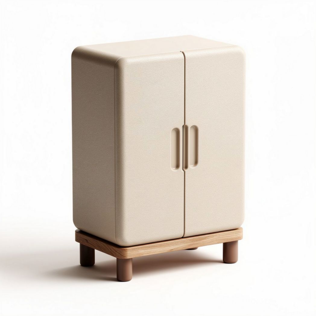 Small beige storage cabinet with wooden legs measuring 60 x 40 x 90cm