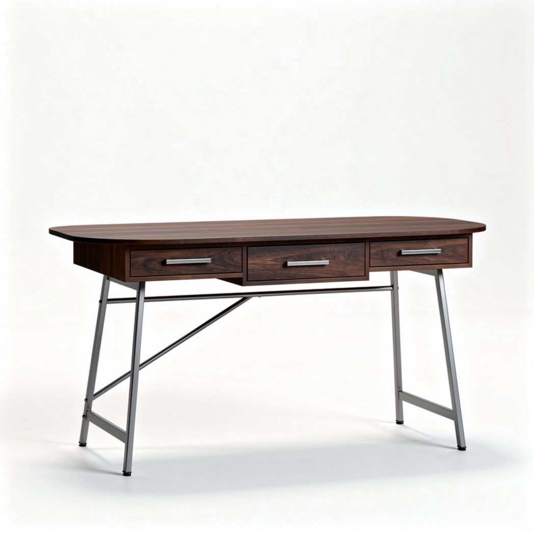 Wooden desk with metal legs and three drawers 120 x 60 x 75cm brown