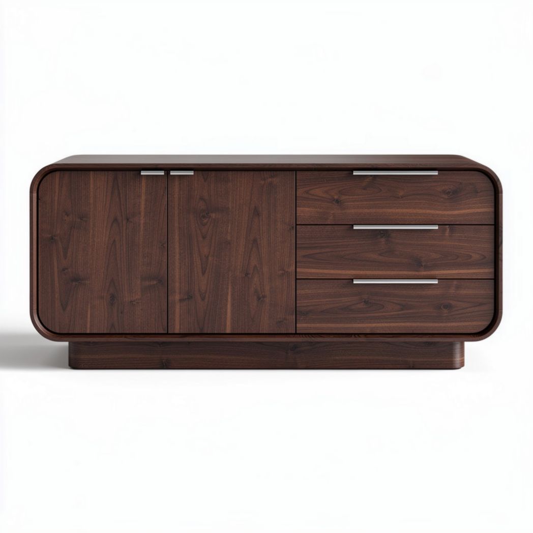 Modern walnut wood sideboard with three drawers and two doors 150 x 45 x 70cm