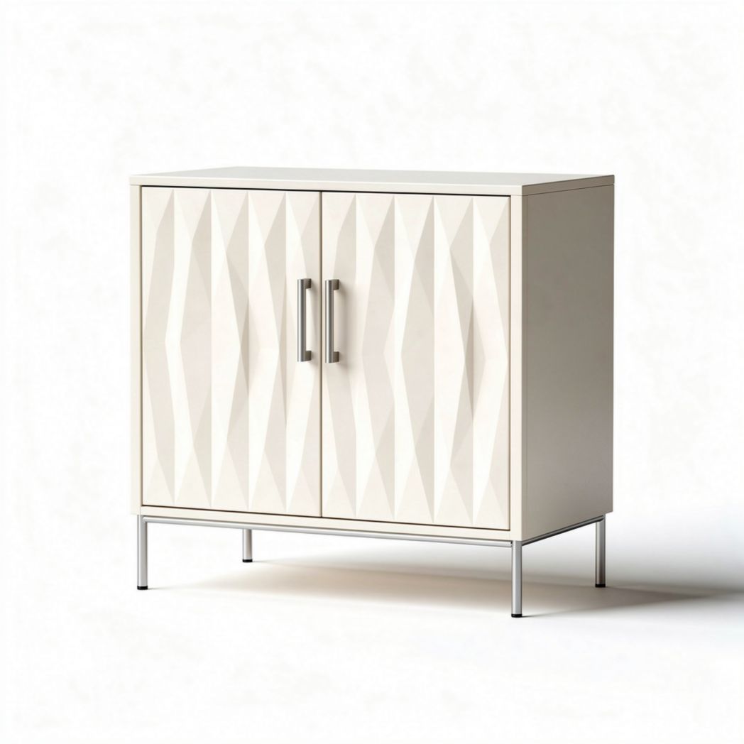 Textured white wood cabinet with metal legs for living room storage 80 x 40 x 75cm