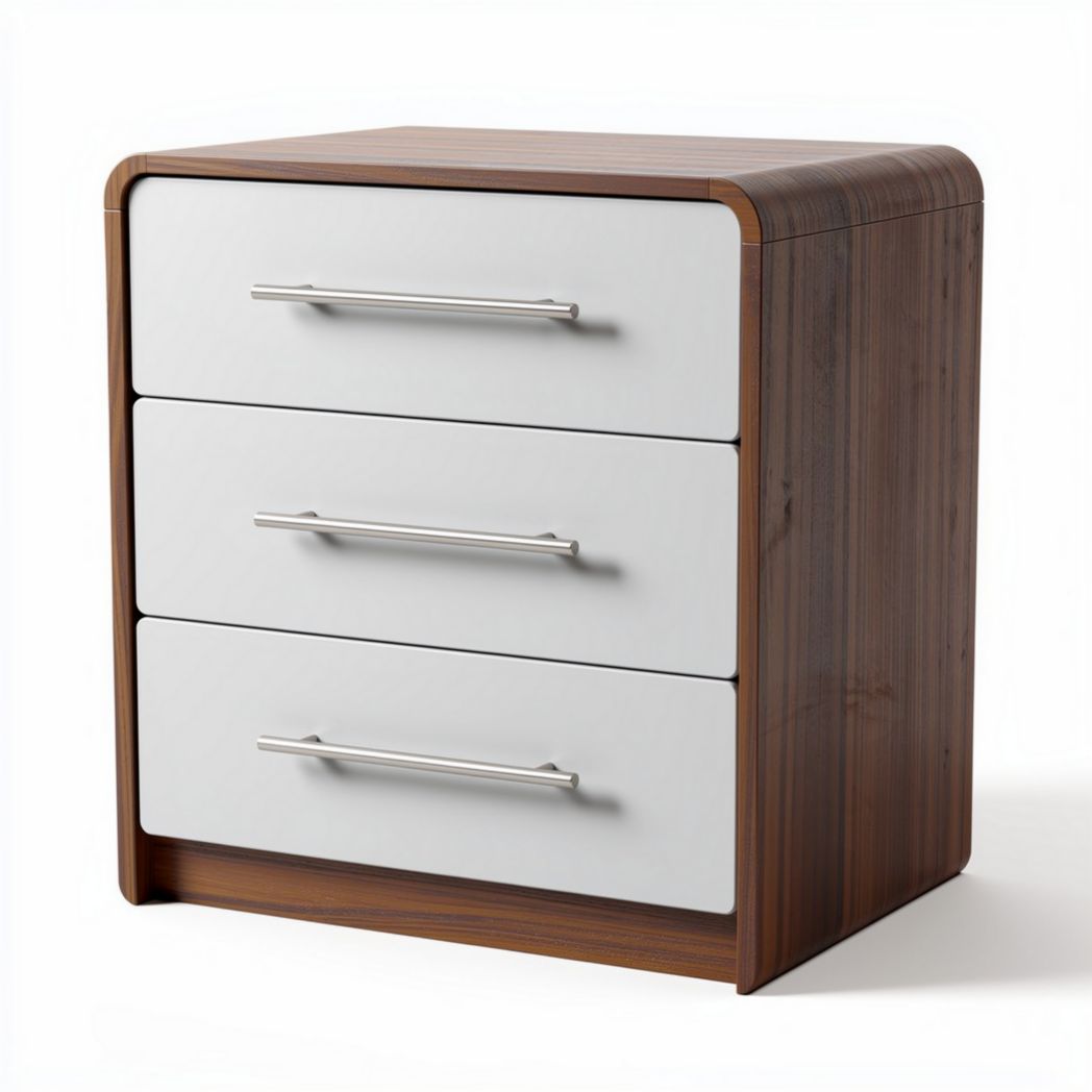Wooden nightstand with three drawers and metal handles in walnut finish