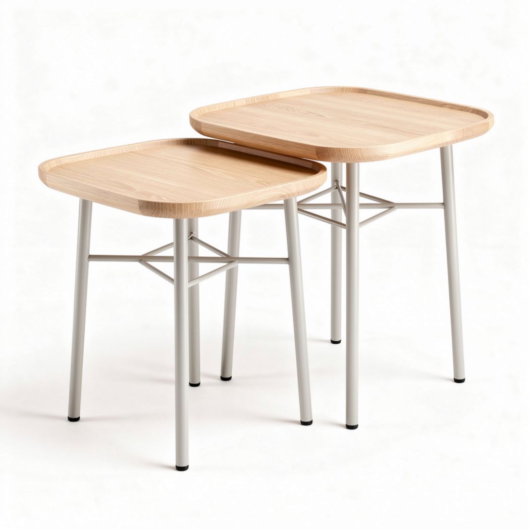 Nested side tables with wooden tops and metal legs for living room use