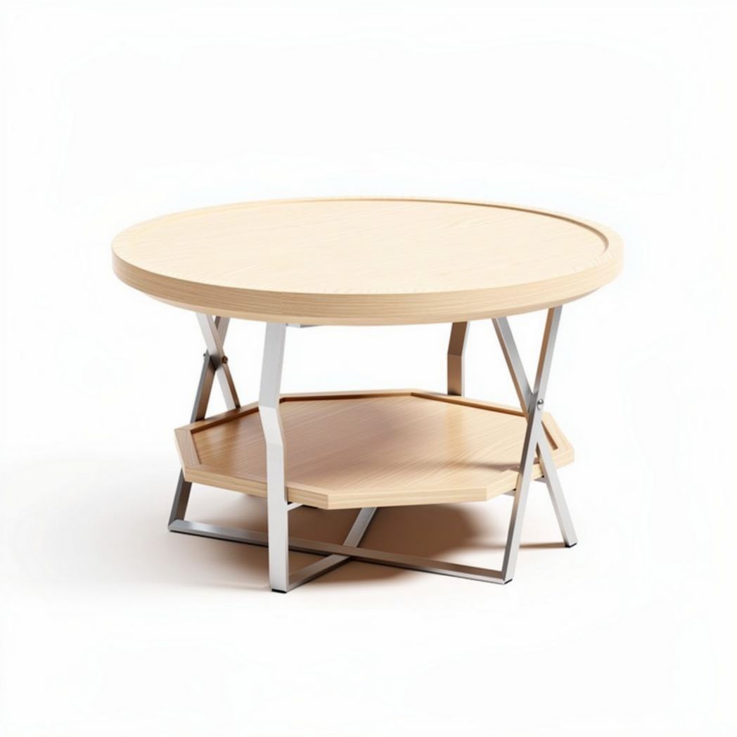 Round wooden coffee table with metal frame and lower shelf 60 x 60 x 40cm